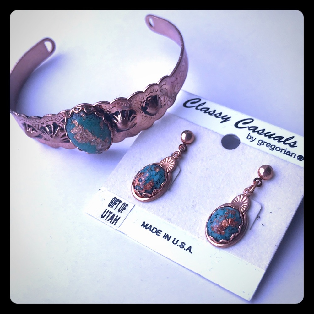 💎Mosaic Turquoise & Copper Earring & Bracelet Set